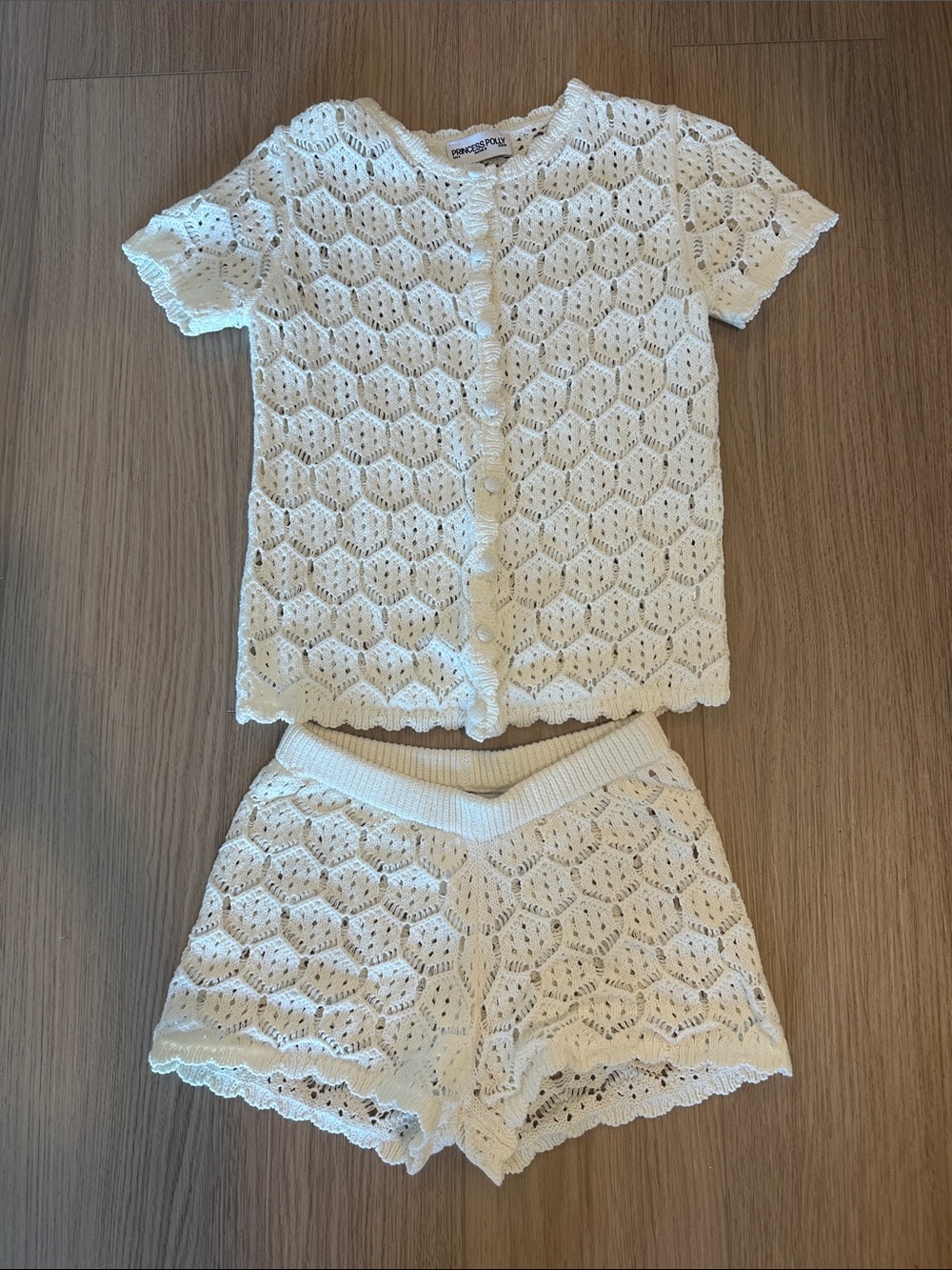 Princess Polly Cream Crochet Short Set — Openwork Knit Top & Shorts - Picture 4 of 5